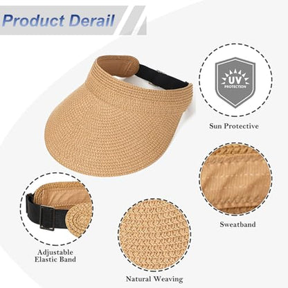 MULIMU new 3pcs Sun Visor Hats for Women Wide Brim Straw Visors Womens Foldable Beach Visors Summer Packable Ponytail Beach Hat Black
