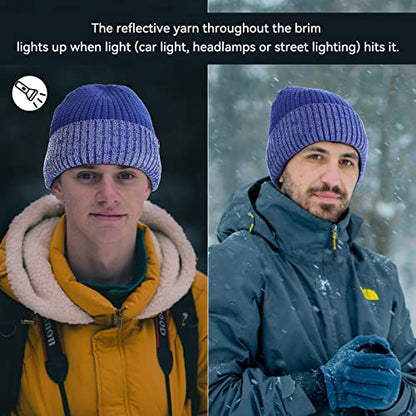 Achiou Reflective Beanie for Men Women, Fleece Lined Winter Cuffed Hat - color: Blue