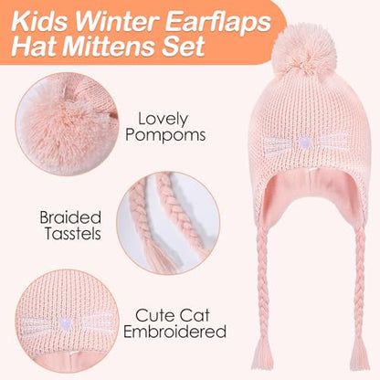 Girls Winter Hat Gloves Set, Kids Cat Embroidered Knit Beanie with Earflaps - color: Pink