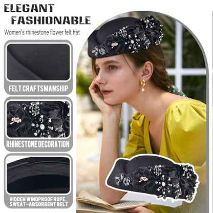 Women's Retro Stewardess Felt Hat, British Berets, Rhinestone Flower Decor, Ladies' Church Derby Hat - color: Black