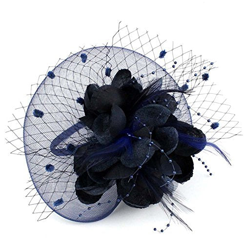 ACTLATI Fascinators Hat for Women Tea Party Headpiece Wedding Cocktail Flower Mesh Feathers Hair Clip 20s Flapper Fascinators - color: A7-navy Blue