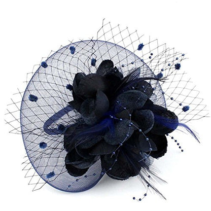 ACTLATI Fascinators Hat for Women Tea Party Headpiece Wedding Cocktail Flower Mesh Feathers Hair Clip 20s Flapper Fascinators - color: A7-navy Blue