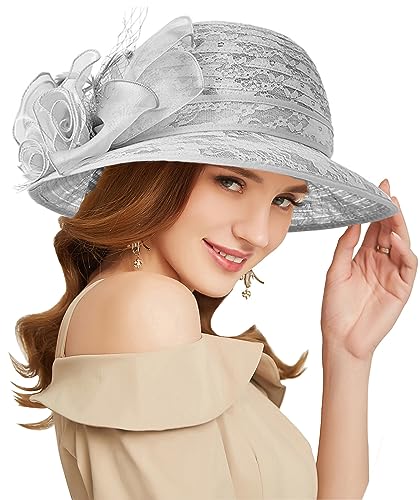 Women's Kentucky Derby Church Dress Hat Wide Brim Leaf Flower Bridal Shower Hat - color: R2 Grey