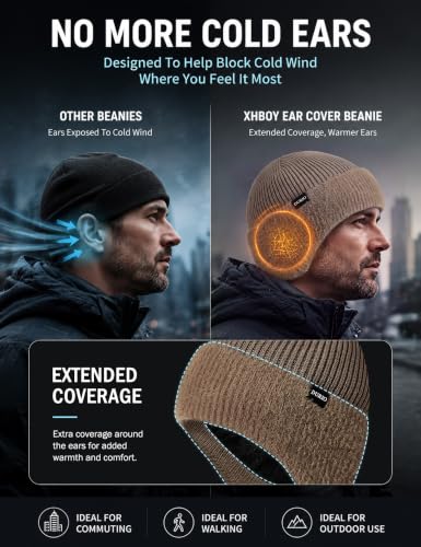 Durio Winter Beanie Hat with Earflap Windproof Knitted Cap - color: Khaki