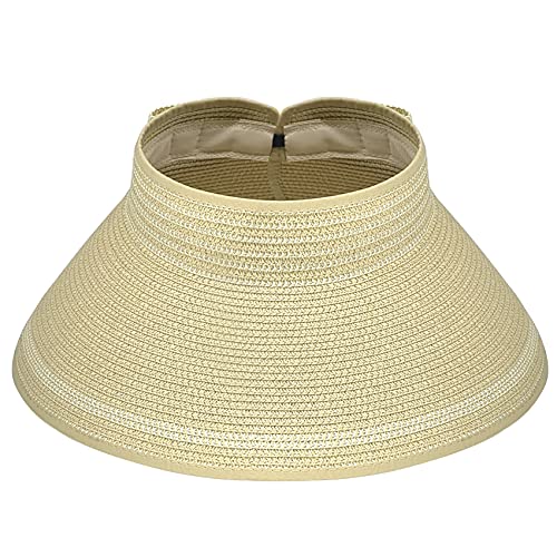 Women Sun Visors Foldable Straw Hats Summer Beach Packable Hat Floppy Wide Brim Cap Deep Style, Adjustable Size - color: Beige New