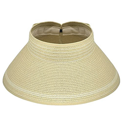 Women Sun Visors Foldable Straw Hats Summer Beach Packable Hat Floppy Wide Brim Cap Deep Style, Adjustable Size - color: Beige New