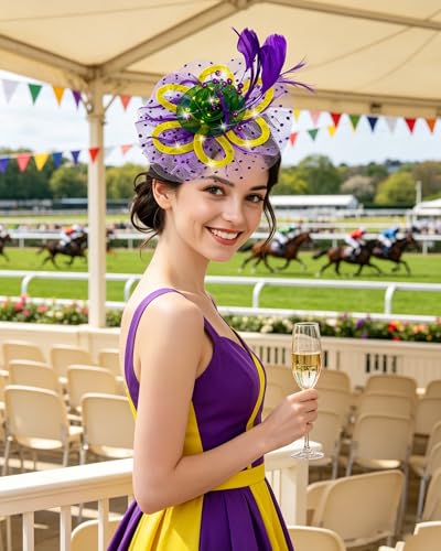 Women Fascinator Hats LED Light Up Headband for Tea Party Halloween Night Headwear Christmas Mardi Gras - color: Yellow Green Purple