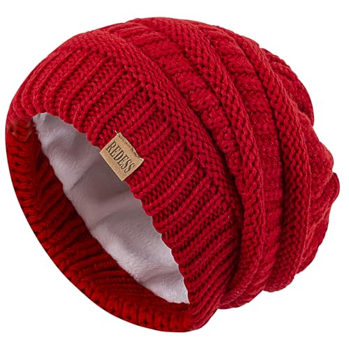 REDESS Slouchy Beanie Hat for Men and Women Winter Warm Knit Hat Chunky Soft Oversized Cable Cap - color: B6 Red