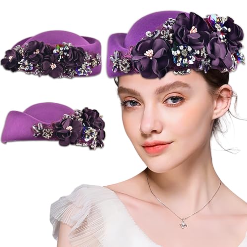 Women's Retro Stewardess Felt Hat, British Berets, Rhinestone Flower Decor, Ladies' Church Derby Hat - color: Purple