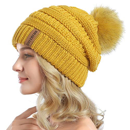 Women Knit Slouchy Beanie Chunky Baggy Hat with Faux Fur Pompom Winter Soft Warm Ski Cap - color: C7-ginger