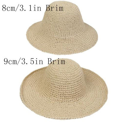 Women Straw Sun Hat Summer Beach Hats Foldable Floppy Cap Wide Brim Bucket Hat Solid Handmade Sun Protection Caps - color: Khakia