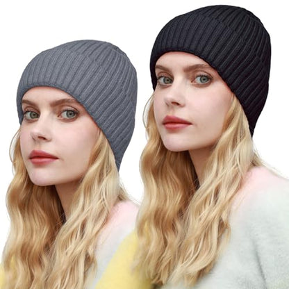 ROYBENS Womens Satin Lined Beanie for Men Wool Knit Cuffed Warm Winter Hats - color: 2pack-gray+black
