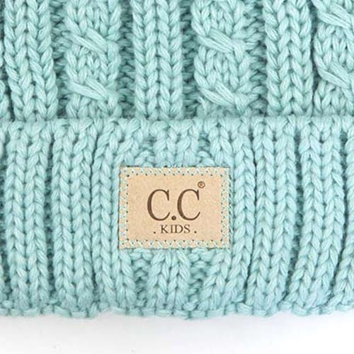 C.C Kids' Suede Patch Snuggly Soft Warm Knit Pom Cuff Beanie - color: Cable Knit Faux Fur, Mint