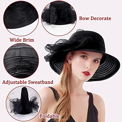 Women's Kentucky Derby Church Dress Hat Wide Brim Leaf Flower Bridal Shower Hat - color: 01 Black