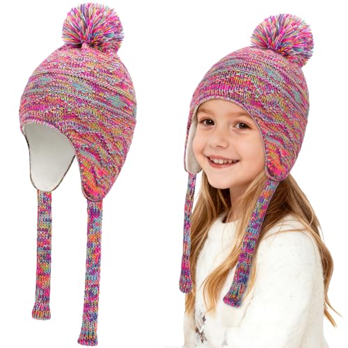 Jansun Kids Double Pom Pom Winter Hat, Warm Fleece Lined Cute Kids Winter Hat Scarf Earmuffs Girls Accessories Hat Rainbow - style: Fashion Style