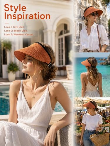 Sun Visor Hat for Women Summer Beach Vacation Essential Ponytail Friendly Travel Foldable Packable UPF 50+ - color: Orange
