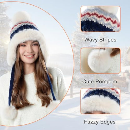 Women Winter Sherpa Beanie Hats Knit Ear Flap Hat Fleece Lined - color: Patterned Navy