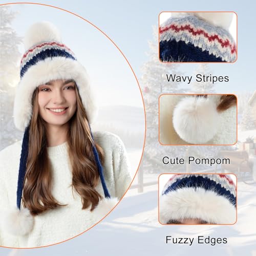 Women Winter Sherpa Beanie Hats Knit Ear Flap Hat Fleece Lined - color: Patterned Navy