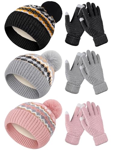 JaGely 6 Pcs Women Winter Beanie Hat Gloves Set Warm Knitted Hats and Touchscreen Gloves Lady Cold Winter Gifts for Christmas - color: Black, Grey, Pink