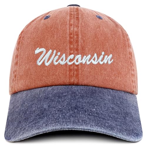 Trendy Apparel Shop Wisconsin State Embroidered Low Profile Adjustable Cotton Cap - color: Orange Navy