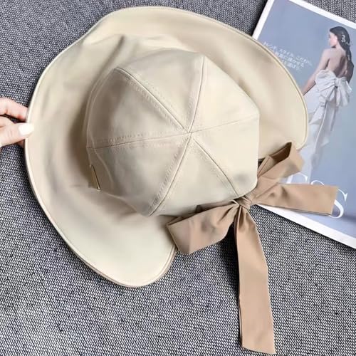 Wide Brim Hats for Woman Foldable Hats Sun Hats for Women uv Protection Bowknot Bucket hat Adjustable hat with Ponytail Hole - color: Beige