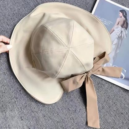 Wide Brim Hats for Woman Foldable Hats Sun Hats for Women uv Protection Bowknot Bucket hat Adjustable hat with Ponytail Hole - color: Beige