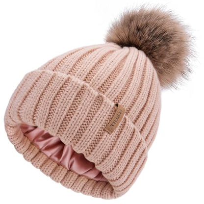 FURTALK Womens Winter Beanie Hat Satin Lined Faux Fur Pom Pom Beanies Hat for Women Winter Warm Knit Hats - color: Pink