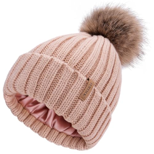 FURTALK Womens Winter Beanie Hat Satin Lined Faux Fur Pom Pom Beanies Hat for Women Winter Warm Knit Hats - color: Pink