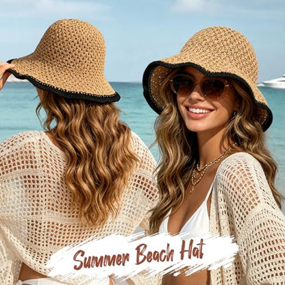 Sun Hat for Women Summer Straw Beach Hats Bucket Hat Floppy Crochet Hat - color: Khaki/Black