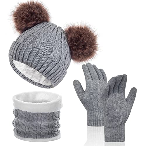 Women Knit Beanie with Pompom, Fleece Lined Neck Warmer & Touchscreen Gloves Set - Winter Thermal Accessories Christmas Gift - color: Gray