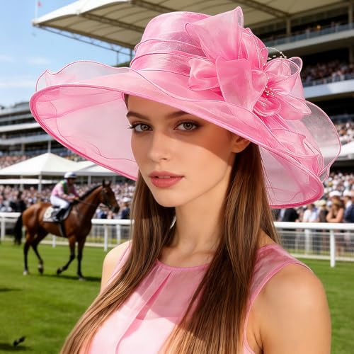 AQOKKA Women Organza Church Fascinators Kentucky Derby Hats for Women and Girls Wedding Flower Tea Party Hat with Wide Brim - color: Deep Pink