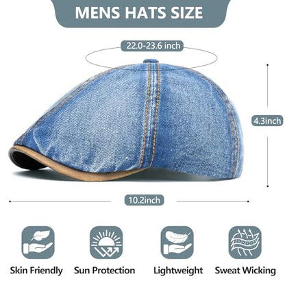 meioro Mens Denim Newsboy Hat 6 Panel Cotton Adjustable Flat Cap - color: Blue