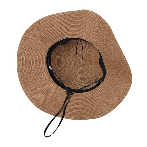 Womens Straw Sun Hat Wide Brim Summer Beach Hat with Beaded Trim Summer Foldable Floppy Hat for Travel Vacation UV Protection - color: Light Brown