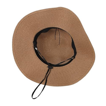 Womens Straw Sun Hat Wide Brim Summer Beach Hat with Beaded Trim Summer Foldable Floppy Hat for Travel Vacation UV Protection - color: Light Brown