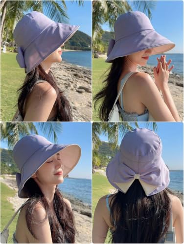 Women Bowknot Wide Brim UPF50+ Foldable Travel Beach Sun Hat - color: Purple