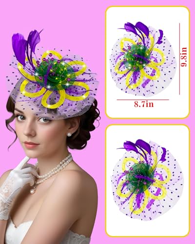 Women Fascinator Hats LED Light Up Headband for Tea Party Halloween Night Headwear Christmas Mardi Gras - color: Yellow Green Purple