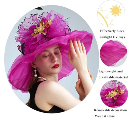 Women Organza Derby Hat Fascinator Tea Party Wedding Church Derby Hat Fascinator Hats Dual-use - color: 02d Rose Red