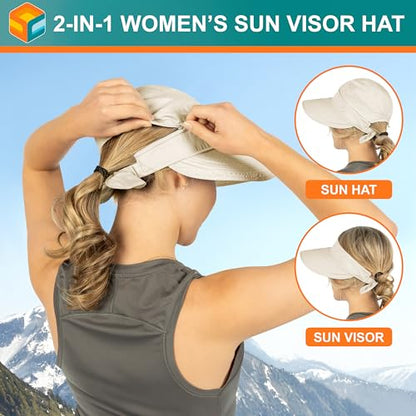 SUN CUBE Womens Sun Hat UV Protection Wide Brim Zip-Off Golf Visor - color: Beige