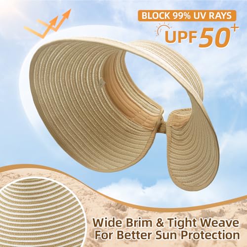 Sun Hats for Women Wide Brim Straw Sun Visors Ponytail Hat - color: Beige White Stripe