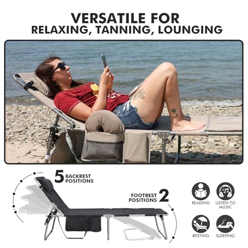 Tanning Chair with Sun Canopy Face Hole Softer Padded Adjustable Washable, Heavy Duty Layout Folding Lounge Chair for Adults Outside Beach Reading Sunbathing Poolside Lawn, UPF 50+ Sun Shade, 300 LBS - color: Black, size: Standard Size