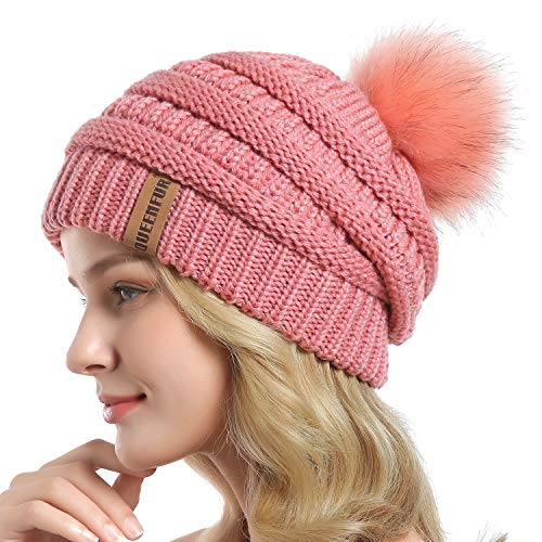 Women Knit Slouchy Beanie Chunky Baggy Hat with Faux Fur Pompom Winter Soft Warm Ski Cap - color: B9-single Pink