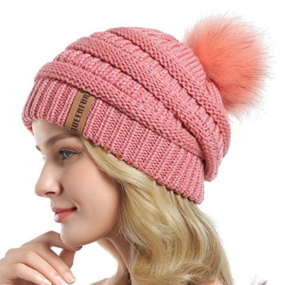 Women Knit Slouchy Beanie Chunky Baggy Hat with Faux Fur Pompom Winter Soft Warm Ski Cap - color: B9-single Pink