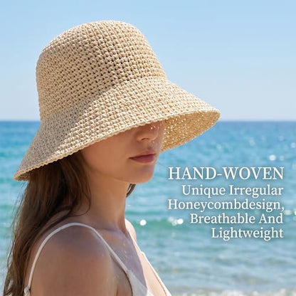Raffia Bucket Hat, Womens Straw Sun Hat Wide Brim UPF 50+ UV Protection, Handmade Foldable Raffia Bucket Hats for Summer Travel, Packable Floppy Cap for Vacation Beige