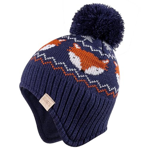 Beanie Knit Hats for Toddlers with Earflap Fleece Lined Hat Kids Warm Winter Hat Scarf Set Children's Thick Ski Cap - color: Fox-navy