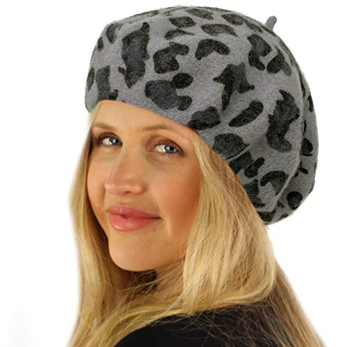 Classic Winter 100% Wool Warm French Art Basque Beret Tam Beanie Hat Cap - color: Leopard Gray
