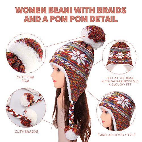 Dosoni Winter Hats for Women Knit Beanie Soft Warm Fleece Lined Long Ear Straps Snow Ski Cap with Pompom - color: Orange