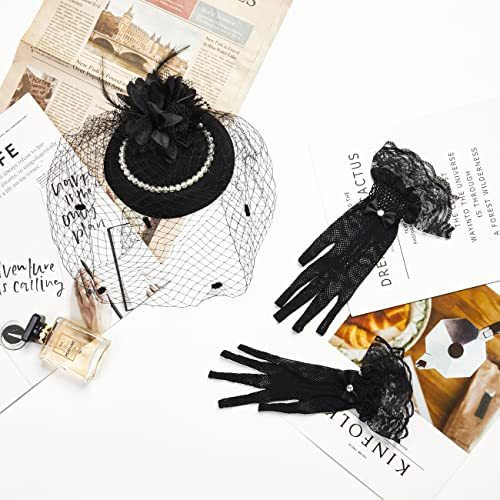 20s 50s Pillbox Derby Fascinator Hat Veil Feather Fascinators Hair Clip Wedding Tea Party Hat and Short Lace Gloves for Women - color: 101-black
