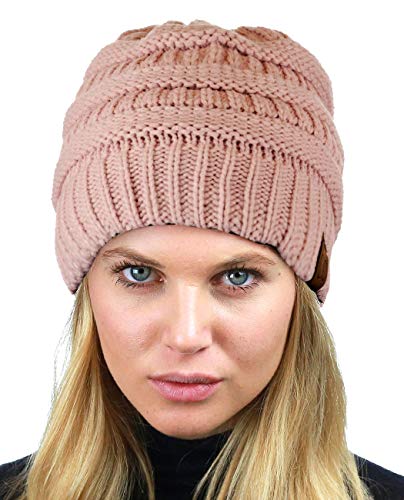 C.C Unisex Chunky Soft Stretch Cable Knit Warm Fuzzy Lined Skully Beanie - color: Rose