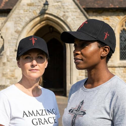 Christian Faith Cross Hats, Embroidered Baseball Caps for Men & Women - color: Black/Red