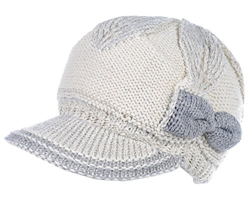 BYOS Womens Winter Chic Cable Warm Fleece Lined Crochet Knit Hat W/Visor Newsboy Cabbie Cap - color: Ivory W/ Contrast Gray Bow